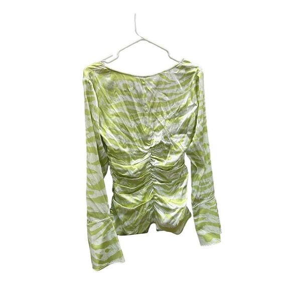 Ganni Ruched Organic Silk-Blend Top Green Zebra Print Size 36 - Picture 4 of 7